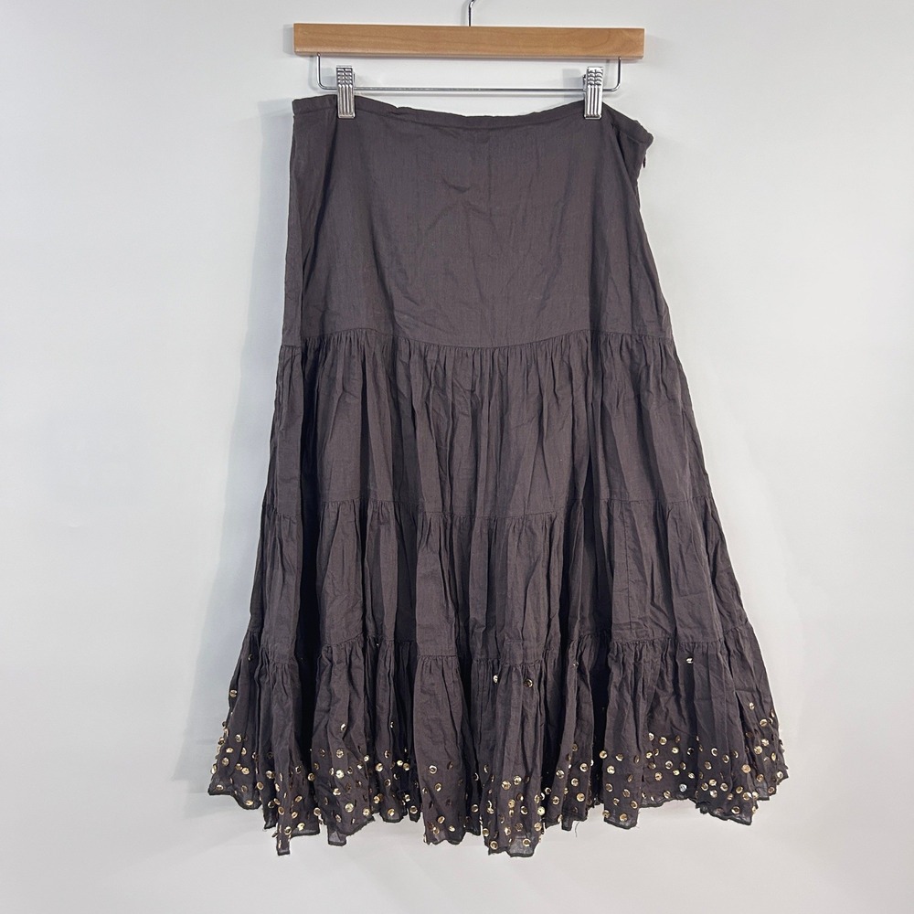 Boho Tiered Midi Skirt Small Earthy Brown Cotton Gold Sequin Fairycore Festival - Picture 2 of 10